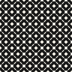 Vector geometric seamless pattern with grid, lattice, rounded shapes, squares, rhombuses. Simple modern abstract black and white background. Funky monochrome texture. Repeat ornament design element