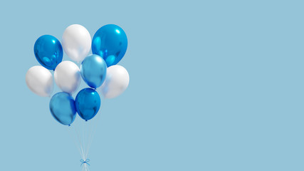 Fototapeta na wymiar Isolated Blue and white glossy balloons with clear cyan background. Realistic flying balloons 3D render and composition lighting.