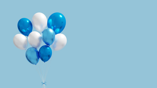 Isolated Blue and white glossy balloons with clear cyan background. Realistic flying balloons 3D render and composition lighting.