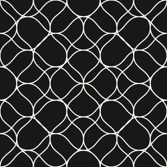 Vector mesh seamless pattern with thin curved interlacing lines. Black and white illustration of fishnet, lace, mesh, net. Subtle monochrome background texture. Dark repeat design for decor, cloth