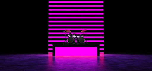 The drum kit stands on a luminous podium, and behind them is a wall of horizontal luminous stripes. 3D render.