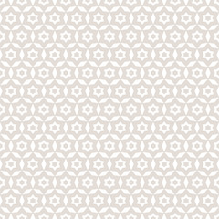 Vector abstract geometric seamless pattern. Subtle white and beige background. Simple graphic ornament. Delicate texture with small stars, flower shapes, grid, net. Repeat design for decor, wallpapers