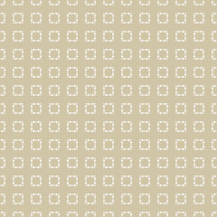 Golden vector seamless pattern with small dots, squares and circles. Minimalist background. Subtle abstract geometric texture. Perforated surface. Delicate minimal ornament. Repeat decorative design
