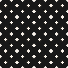 Vector minimalist geometric seamless pattern with small crosses, squares, flower shapes. Simple minimal black and white texture. Pixel art background. Dark monochrome repeat design for decor, covers