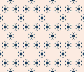 Vector minimalist seamless pattern. Abstract geometric background with small flower silhouettes, snowflakes in hexagonal grid. Elegant deep blue and beige texture. Subtle minimal repeated design