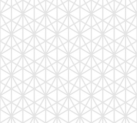 Geometric triangles seamless pattern. Subtle vector abstract white and light gray graphic texture. Simple repeat monochrome background with triangular grid, hexagons, rhombuses, net. Modern geometry