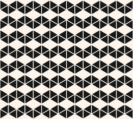 Geometric triangles seamless pattern. Vector black and white abstract texture with small triangular shapes, hexagonal grid, lattice, rhombuses. Stylish monochrome graphic background. Repeating design