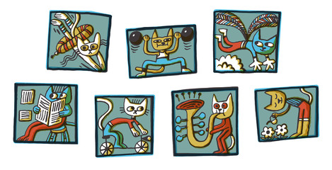 cats activity cartoon set icons sport drawing summer avatars