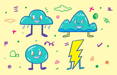 Collection of four cartoon characters. Vector. Doodle