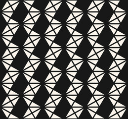 Triangles pattern. Abstract geometric seamless texture. Vector black and white graphic background. Simple ornament with small triangles, rhombuses, hexagonal grid, zig zag. Monochrome repeat design