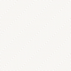 Subtle zigzag seamless pattern. Vector texture with thin diagonal zig zag lines, stripes, chevron. White and beige abstract geometric background. Simple minimal ornament. Delicate repeatable design