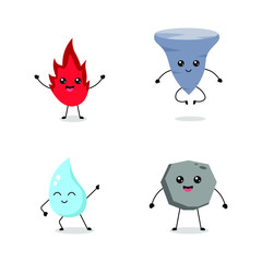 cartoon character set four nature element water rock wind fire cute vector illustration collection