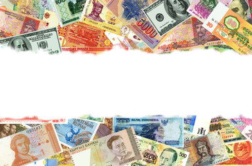 Obraz na płótnie Canvas A background of different is the paper world currencies. Text scope.