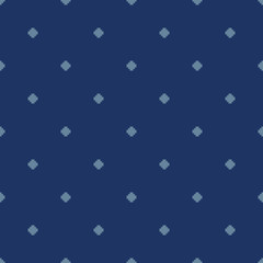 Subtle vector minimalist floral geometric seamless pattern. Simple texture with small crosses, squares, flower silhouettes, dots. Pixel art background. Deep blue color. Elegant minimal repeat design