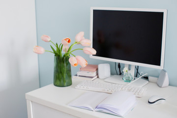 Modern workplace in light room with blue walls. Bouquet of pink tulips on the table.