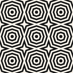 Optical art pattern. Vector geometric seamless ornament with concentric shapes, stripes, lines, stars, octagons. Black and white creative psychedelic design. Stylish modernist geometric background