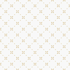 Fototapeta premium Golden minimal floral geometric seamless pattern. Simple vector white and gold abstract background with small flowers, tiny crosses, grid, lattice. Subtle minimalist repeatable texture. Luxury design