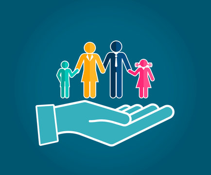 Family Hands holding a symbol. Health care, pension, safety, protect icon. Parents and children, vector