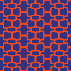 Mesh texture. Bright colorful vector seamless pattern. Simple geometric ornament, illustration of net, lattice, grid, weave. Abstract background in vibrant colors, neon blue and orange. Repeat design