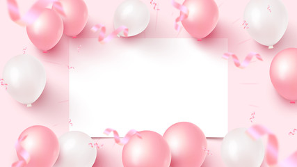 Festive banner design with white sheet, pink and white air balloons, falling foil confetti on rosy background