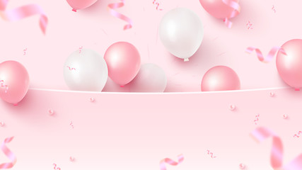 Festive banner design with pink and white air balloons, falling foil confetti on rosy background. Vector illustration