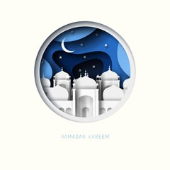 Ramadan Kareem 3d abstract paper cut illustration. Round window with islamic mosque, stars, moon and blue night sky.