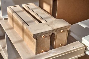 MDF table legs. Joinery. Wooden furniture manufacturing process. Furniture manufacture. Close-up