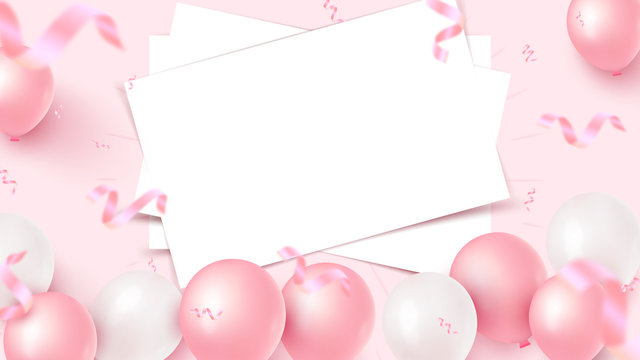 Festive banner design with white sheets, pink and white air balloons, falling foil confetti on rosy background