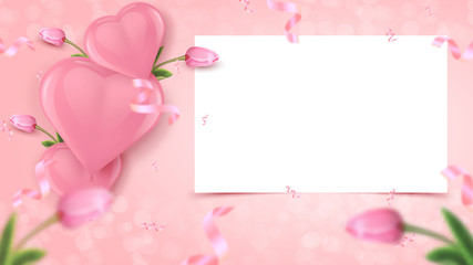 Festive banner design with white frame, pink heart shaped balloons, tulips and falling foil confetti on rosy background