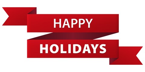 Happy Holidays text on red ribbon banner icon isolated on white background.