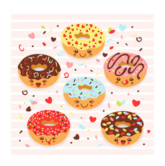 Fototapeta na wymiar Set of kawaii colorful donuts, cute characters. Doughnuts collection into glaze with cute faces for your design and cafe decoration. Isolated vector flat illustration in cartoon style