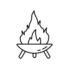 Fire Pit on three legs. Symbol of making campfire outdoors and traveling. Diwali festival icon. Line art round bonfire bowl. Black illustration for camping. Contour isolated vector on white background - 338798534
