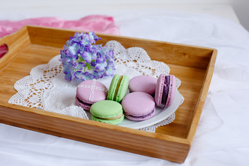romantic morning greeting card.a Cup of morning tea with macaroons and a flower