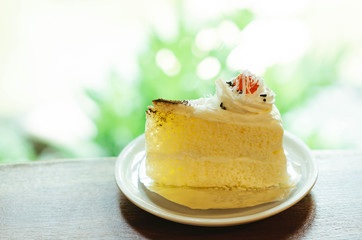 Closeup milk cake on wood table with green nature background, selective focus