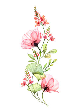 pink watercolor flowers on white background