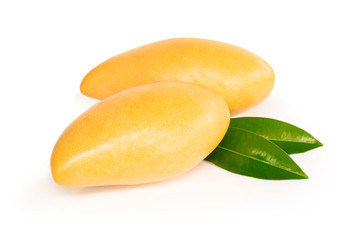 Closeup ripe mango tropical fruit with leaves isolated on white background