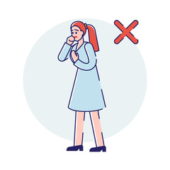 Concept Of Viral Infection Protection During Coronavirus Epidemic. Infographic With Infected Woman Feeling Virus Symptoms Without Protective Face Mask. Cartoon Linear Outline Flat Vector Illustration