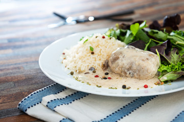 Veal Paupiette stewed with cream and rice