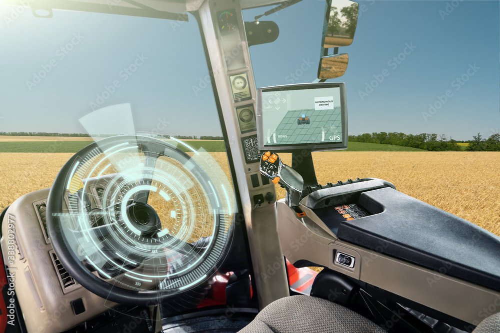 Poster autonomous tractor working on the field. smart farming