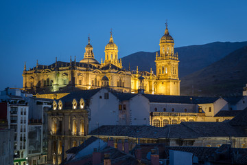 Fototapeta na wymiar The illuminated cathedral of Jaén, Andalusia, Spain, at blue hour.