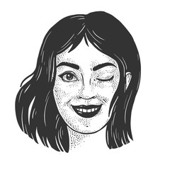 winking beautiful young woman sketch engraving vector illustration. T-shirt apparel print design. Scratch board imitation. Black and white hand drawn image.