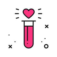 Science romantic love theme. Love is chemistry. Liquid reaction with heart. Happy valentines day sign and symbol. Vector illustration.