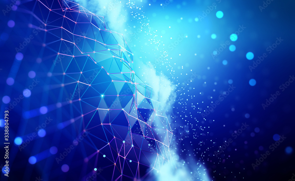 Aufkleber Big data and cybersecurity 3D illustration. Neural network and cloud technologies. Global database and artificial intelligence. Bright, colorful background with bokeh effect