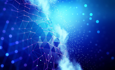 Big data and cybersecurity 3D illustration. Neural network and cloud technologies. Global database and artificial intelligence. Bright, colorful background with bokeh effect