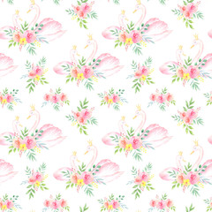 Watercolor Swans and Flowers Pattern