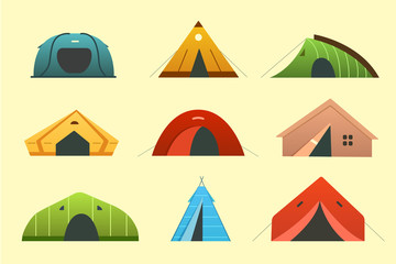 Different camping tent vector icons. Triangle and dome tourist outdoor house. Hiking and trekking camp tents for rest.