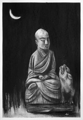 Charcoal drawing - A little monk and his beast under the moonlight