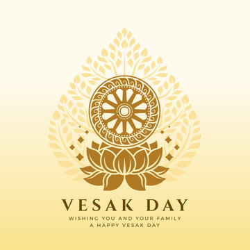Vesak day banner with Dharmachakra Wheel of Dhamma on lotus sign and bodhi tree background vector design