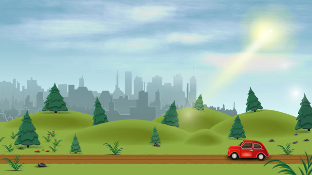 A red car drives through a green hilly field in the middle of a pine forest on a bright Sunny day. Rural area with a city silhouette on the horizon.
