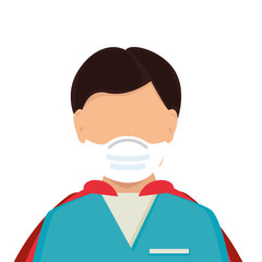 super male paramedic with face mask and hero cloak vector illustration design